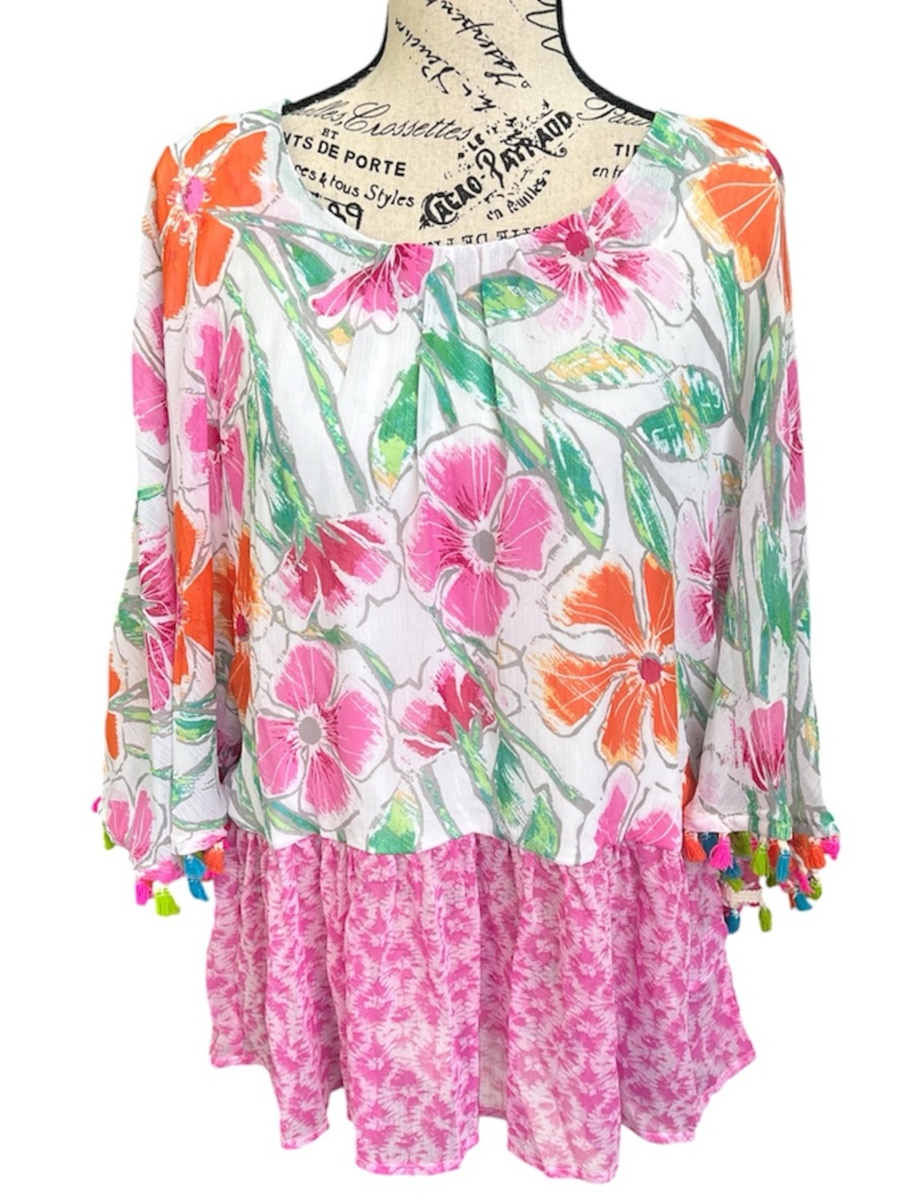 Cupio Floral Tiered Peasant Blouse in Pink & Orange